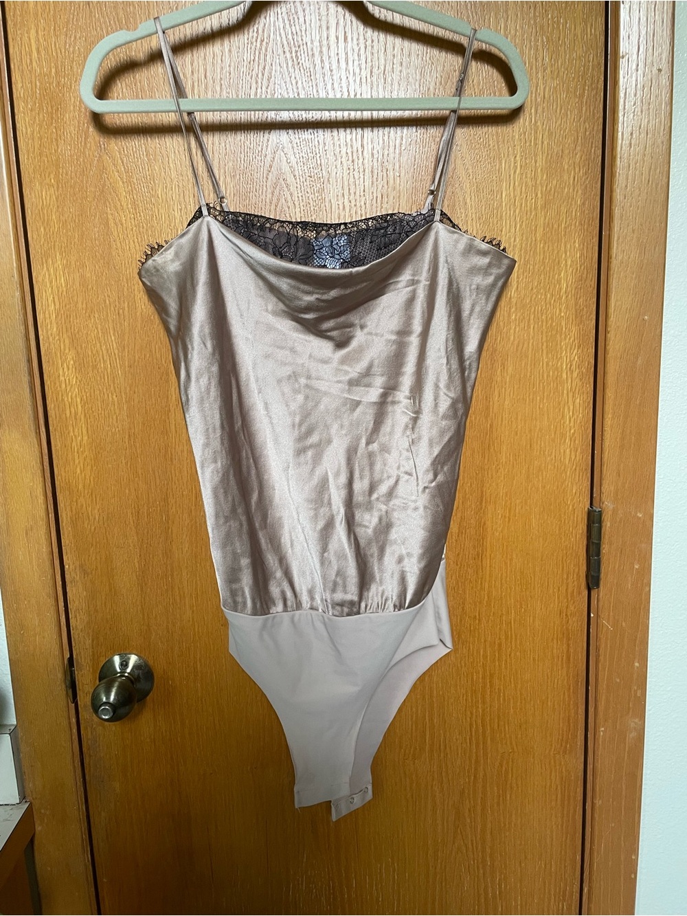 Cami NYC Silky Lace-Trim Nude Beige Bodysuit Tank Top, size S